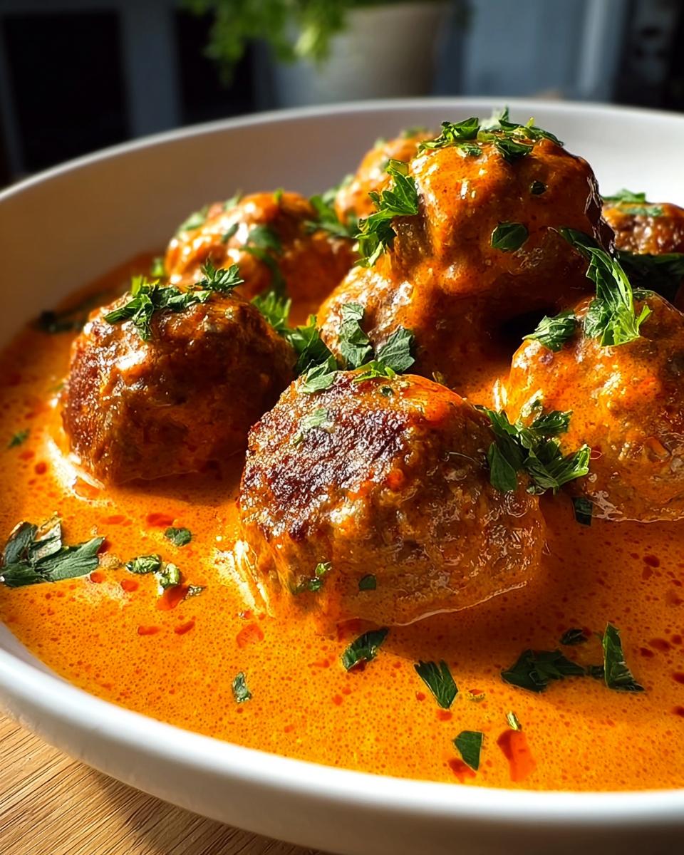 Nahaufnahme von saftigen Hackbällchen in Paprikasauce, garniert mit frischer Petersilie.