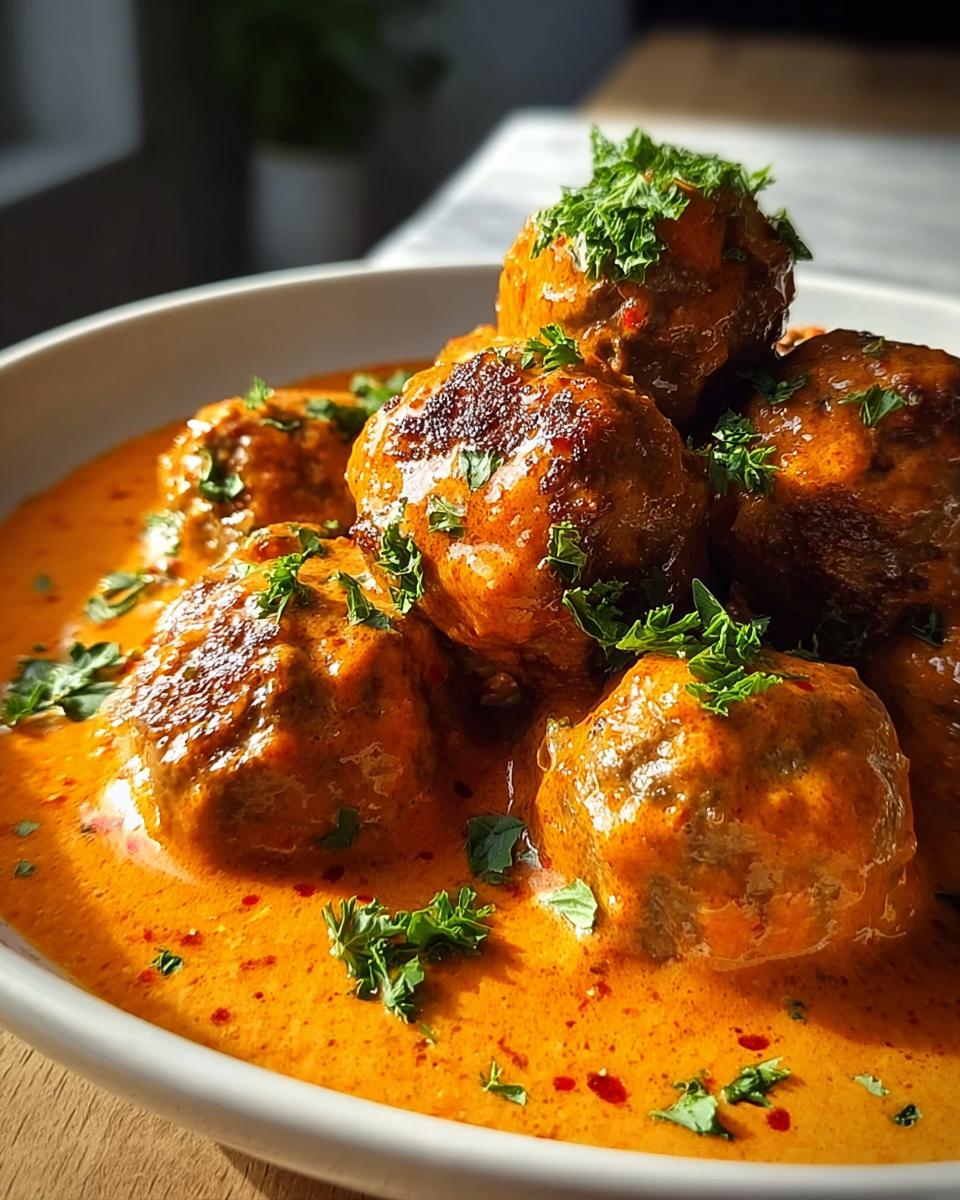 Eine Nahaufnahme von saftigen Hackbällchen in Paprikasauce, garniert mit frischer Petersilie.