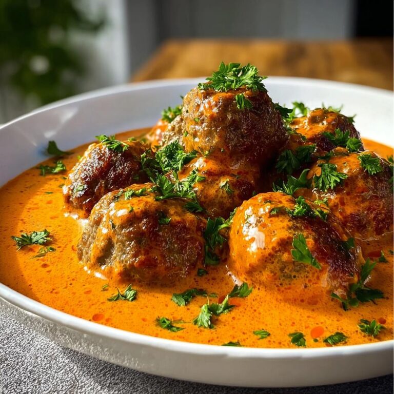 Nahaufnahme von saftigen Hackbällchen in einer cremigen, leuchtend orangefarbenen Paprikasauce, garniert mit Petersilie. Hackbällchen in Paprikasauce.