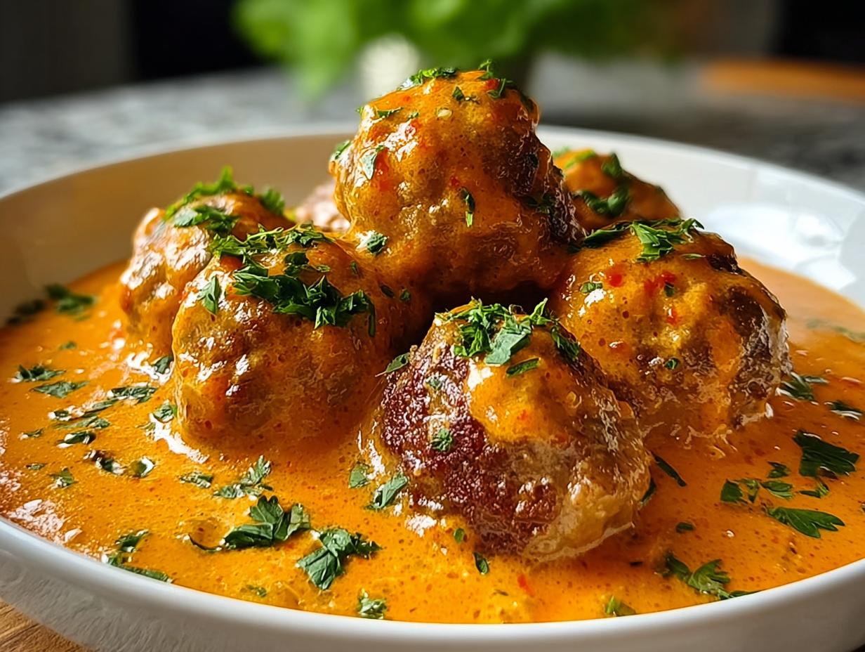 Fünf saftige Hackbällchen in einer cremigen, orangefarbenen Paprikasauce, garniert mit frischer Petersilie. Das Gericht ist Hackbällchen in Paprikasauce.
