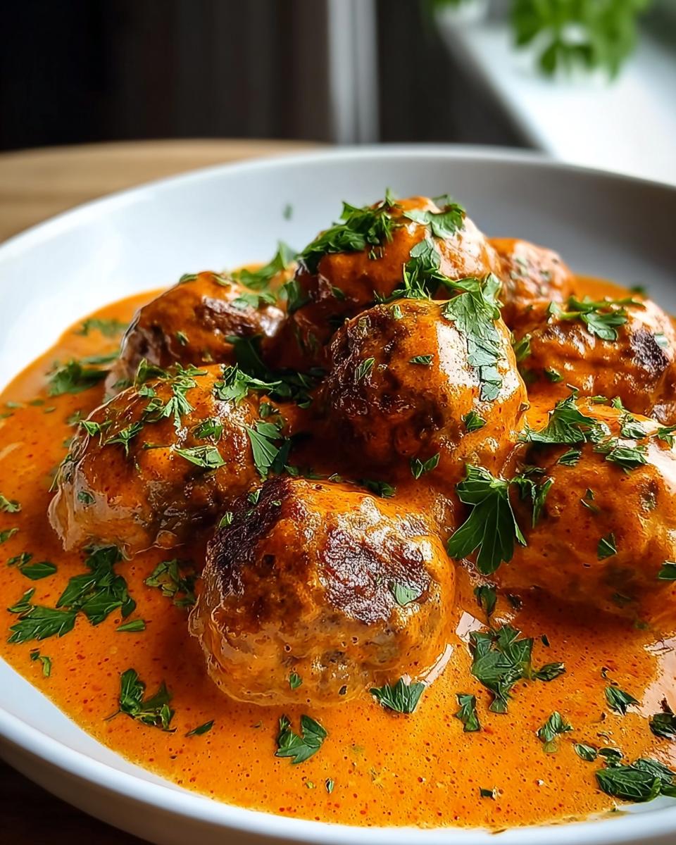 Nahaufnahme von saftigen Hackbällchen in cremiger, oranger Paprikasauce, garniert mit frischer Petersilie.