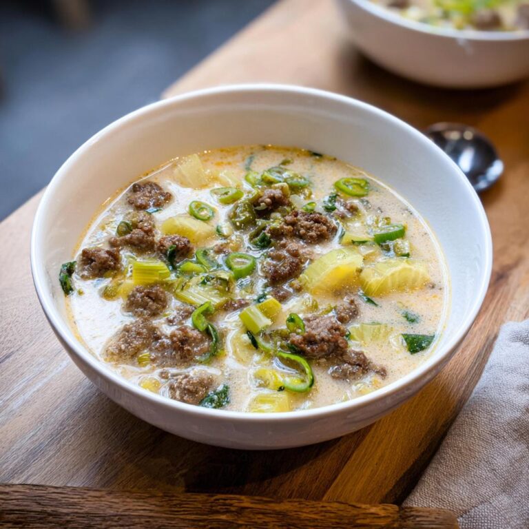 Nahaufnahme einer cremigen Hackfleisch-Lauch-Suppe mit Hackfleischstücken und Lauchringen in einer weißen Schüssel.