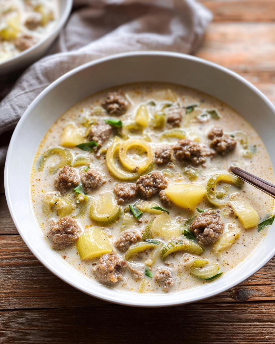 Nahaufnahme einer cremigen Hackfleisch-Lauch-Suppe mit Hackfleischklößchen und Lauchringen in einer weißen Schüssel.