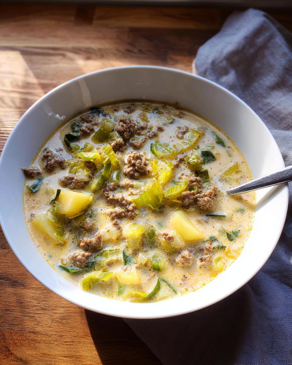 Eine Schüssel cremiger Hackfleisch-Lauch-Suppe mit Kartoffeln und Hackfleischstücken, serviert auf einem Holztisch.