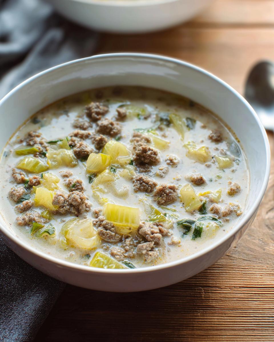Nahaufnahme einer cremigen Hackfleisch-Lauch-Suppe mit Hackfleischklümpchen und Lauchstücken in einer weißen Schüssel.