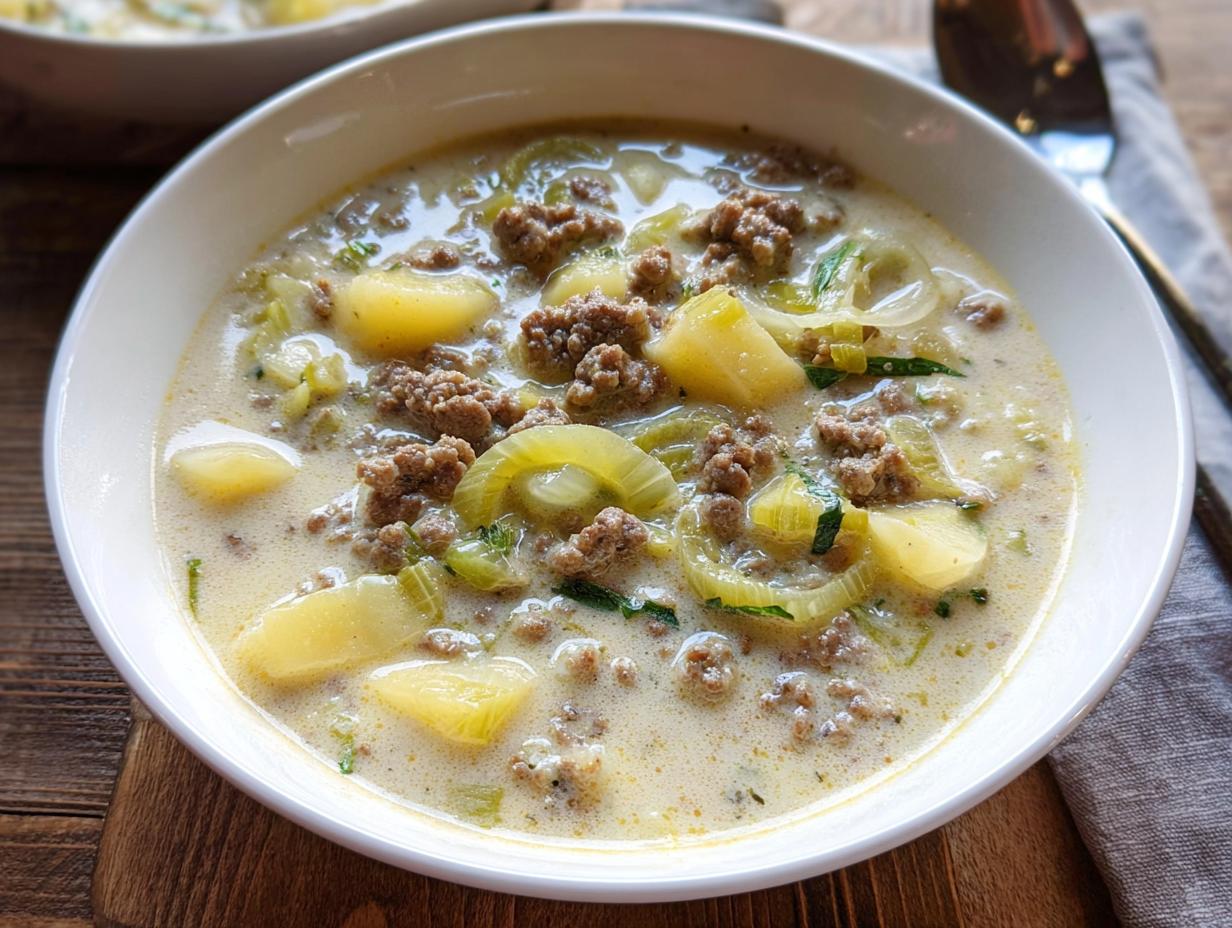 Nahaufnahme einer Schüssel mit cremiger Hackfleisch-Lauch-Suppe, gefüllt mit Hackfleischstücken, Kartoffeln und Lauch.