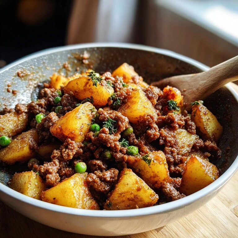 Nahaufnahme einer Schüssel mit fertiger Hackfleischpfanne mit Kartoffeln & Erbsen, garniert mit Kräutern.