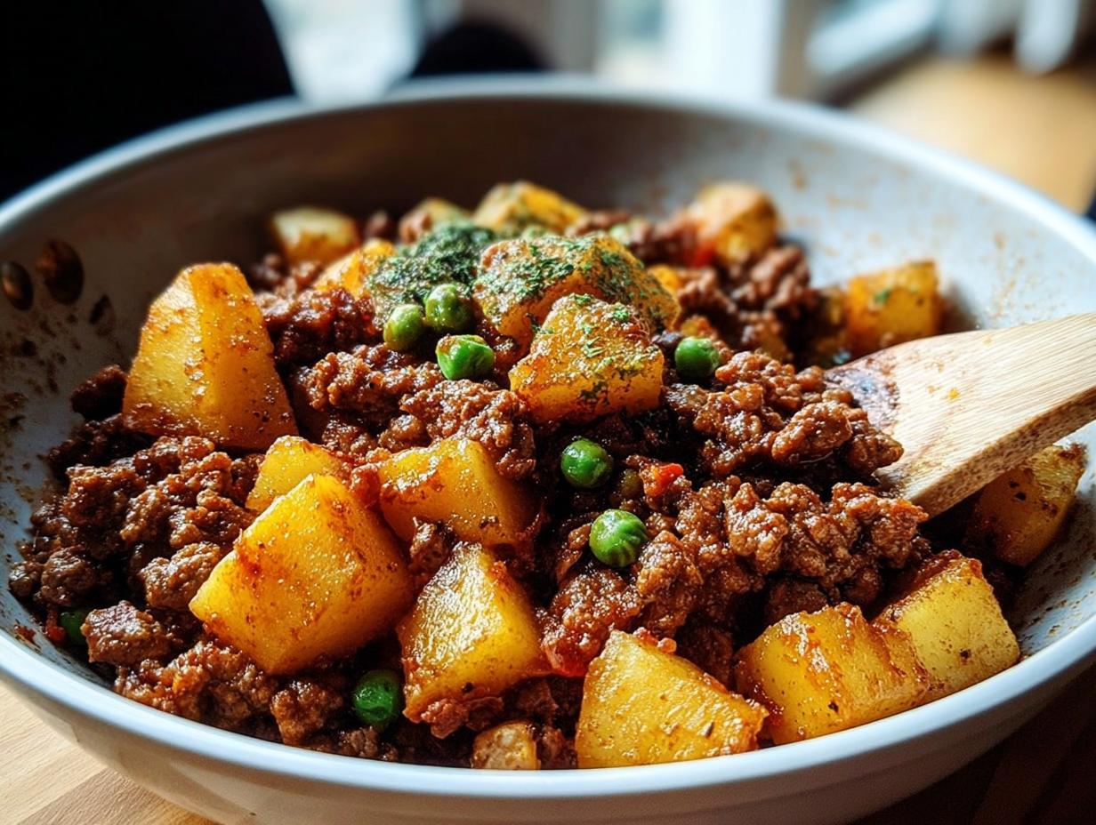 Nahaufnahme der fertigen Hackfleischpfanne mit Kartoffeln & Erbsen, garniert mit Kräutern, in einer weißen Pfanne.