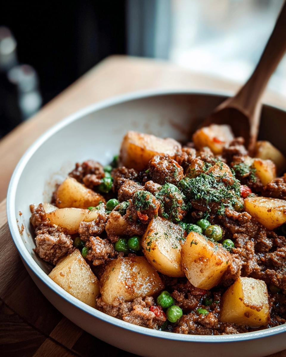 Nahaufnahme einer Schüssel mit Hackfleischpfanne mit Kartoffeln & Erbsen, garniert mit frischen Kräutern.