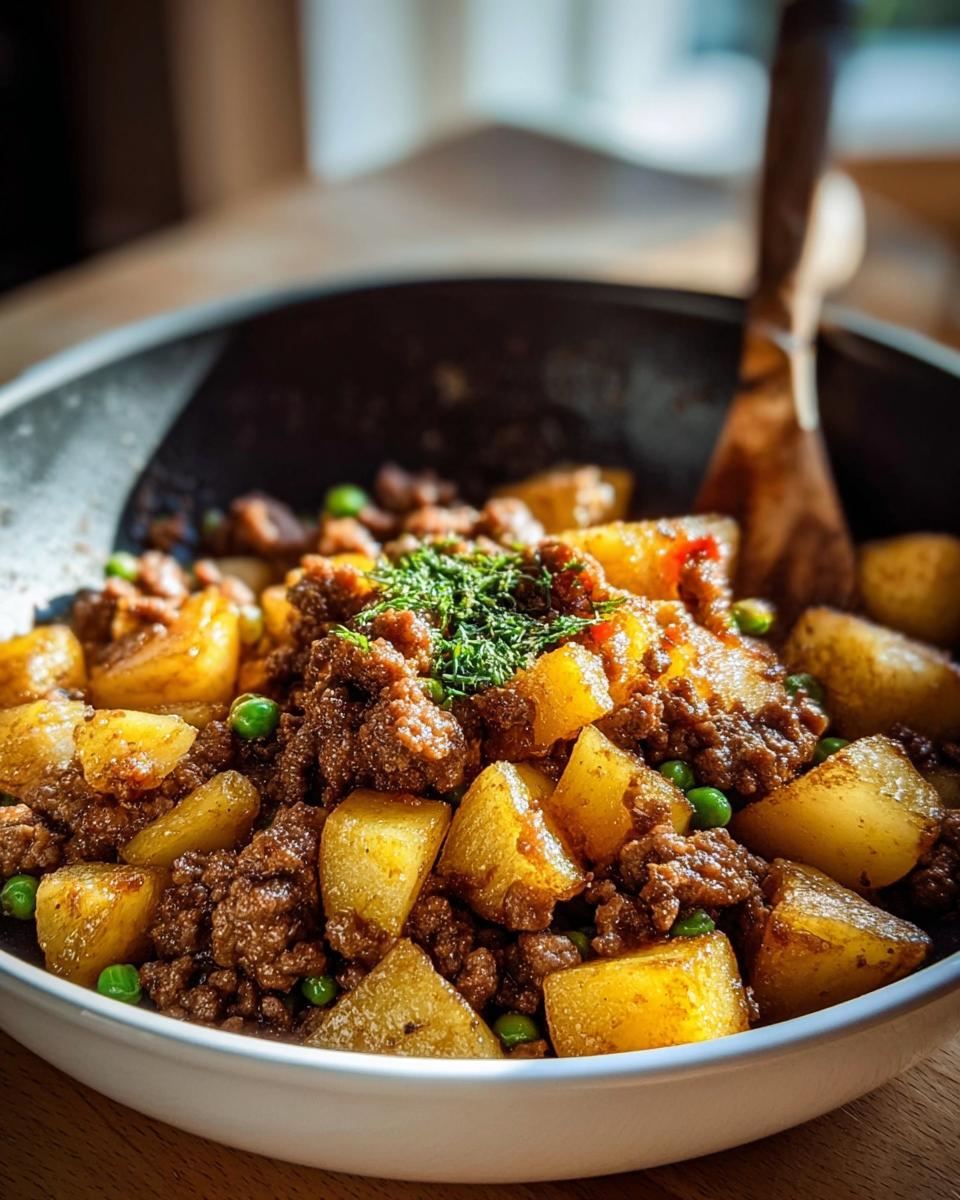 Nahaufnahme einer Hackfleischpfanne mit Kartoffeln & Erbsen, garniert mit frischen Kräutern in einer weißen Schüssel.