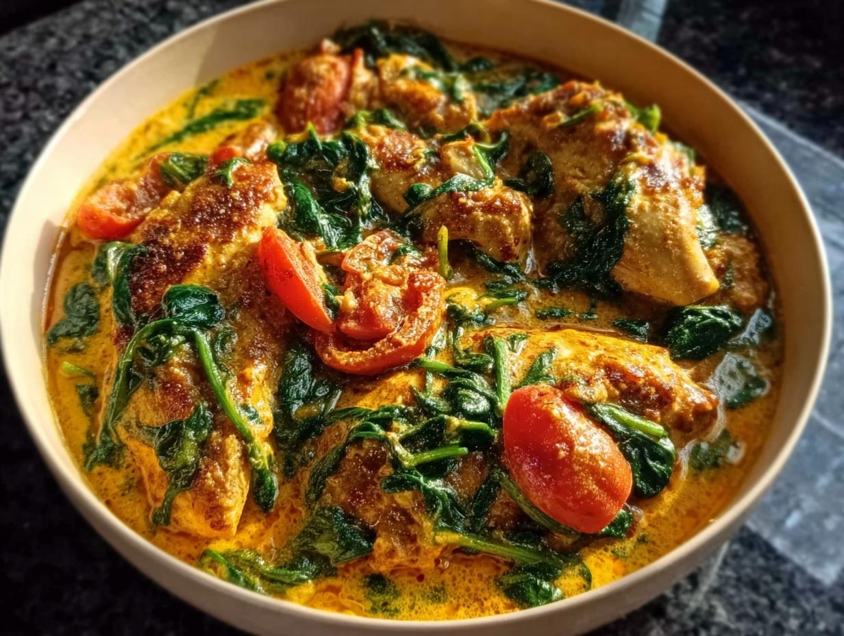 Nahaufnahme eines cremigen Hähnchen-Curry mit Kokosmilch & Spinat und Kirschtomaten in einer Schüssel.
