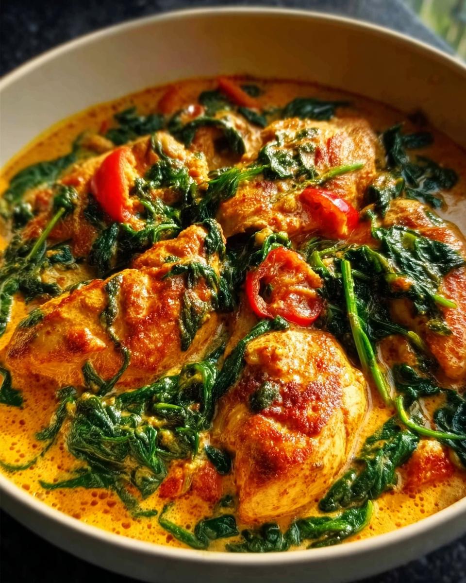 Nahaufnahme von saftigem Hähnchen-Curry mit Kokosmilch & Spinat und roten Paprikastücken in einer Schale.