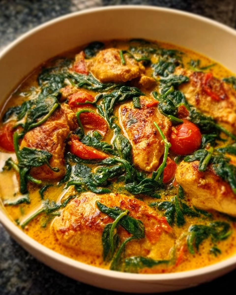 Nahaufnahme von saftigem Hähnchen-Curry mit Kokosmilch & Spinat und Kirschtomaten in einer hellen Schale.