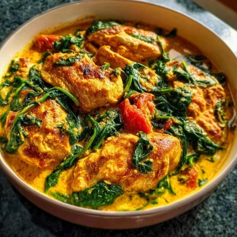 Nahaufnahme eines cremigen Hähnchen-Curry mit Kokosmilch & Spinat und roten Tomatenstücken in einer Schüssel.