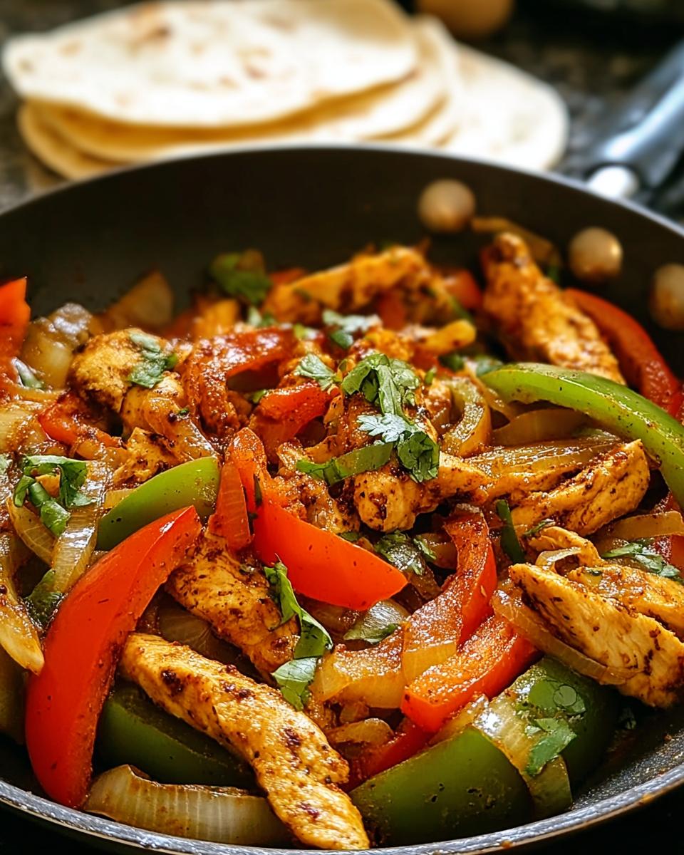 Nahaufnahme der fertigen Hähnchen-Fajita-Pfanne mit gebratenen Hähnchenstreifen, roten und grünen Paprika und Zwiebeln.