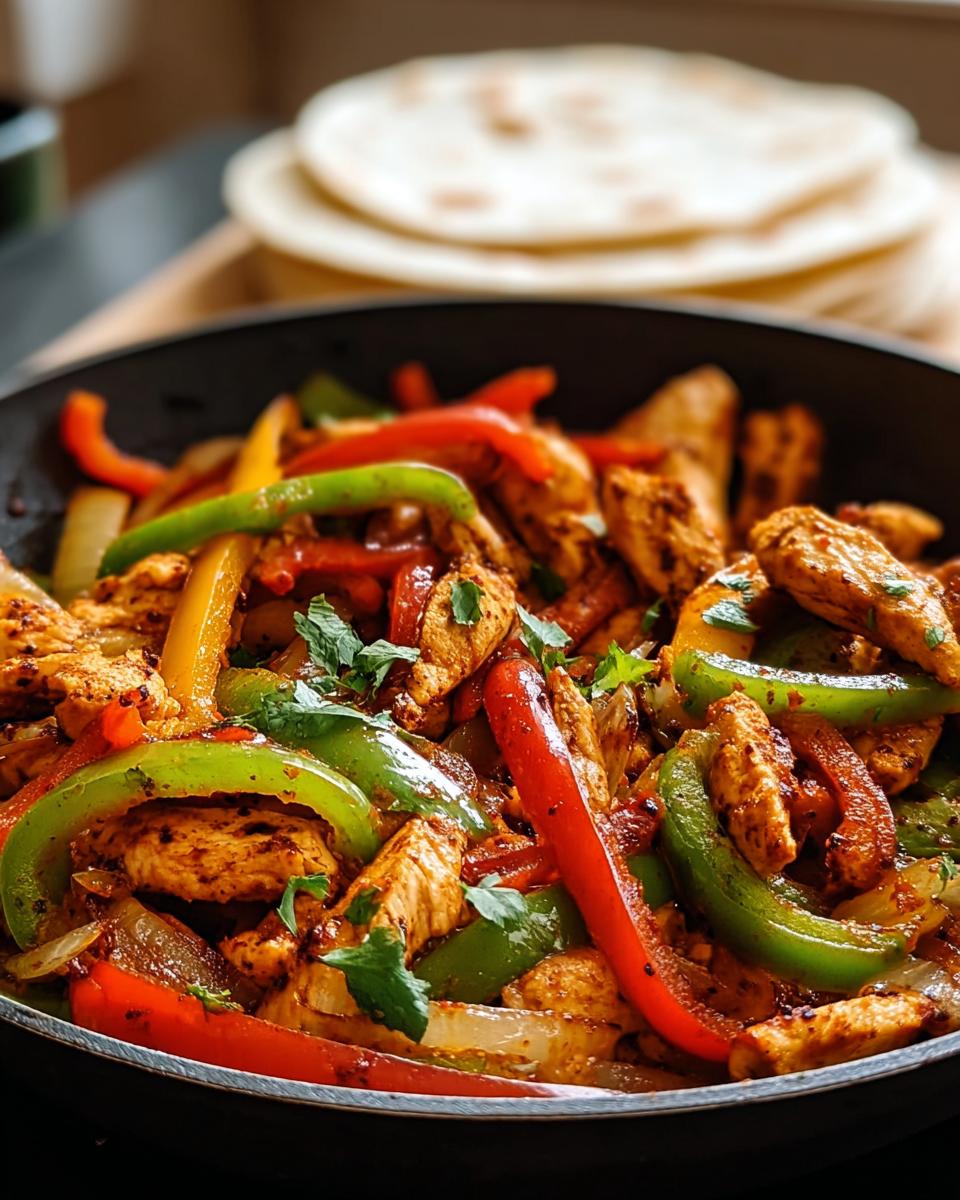 Nahaufnahme einer Hähnchen-Fajita-Pfanne mit gebratenen Hähnchenstreifen, roten, grünen und gelben Paprikastreifen und Zwiebeln.