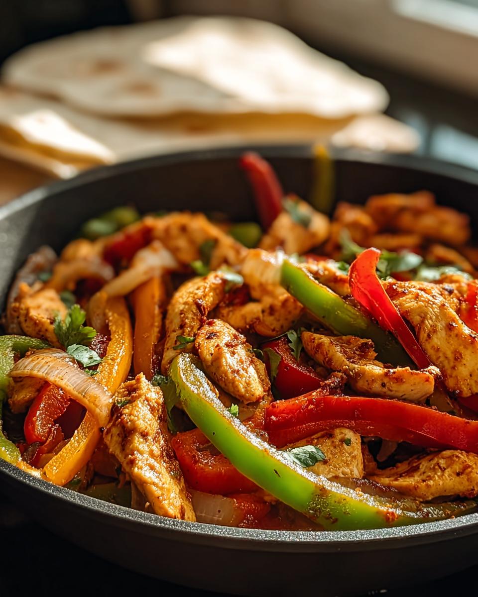 Nahaufnahme der fertigen Hähnchen-Fajita-Pfanne mit gebratenen Hähnchenstreifen, roten, grünen und gelben Paprika sowie Zwiebeln.