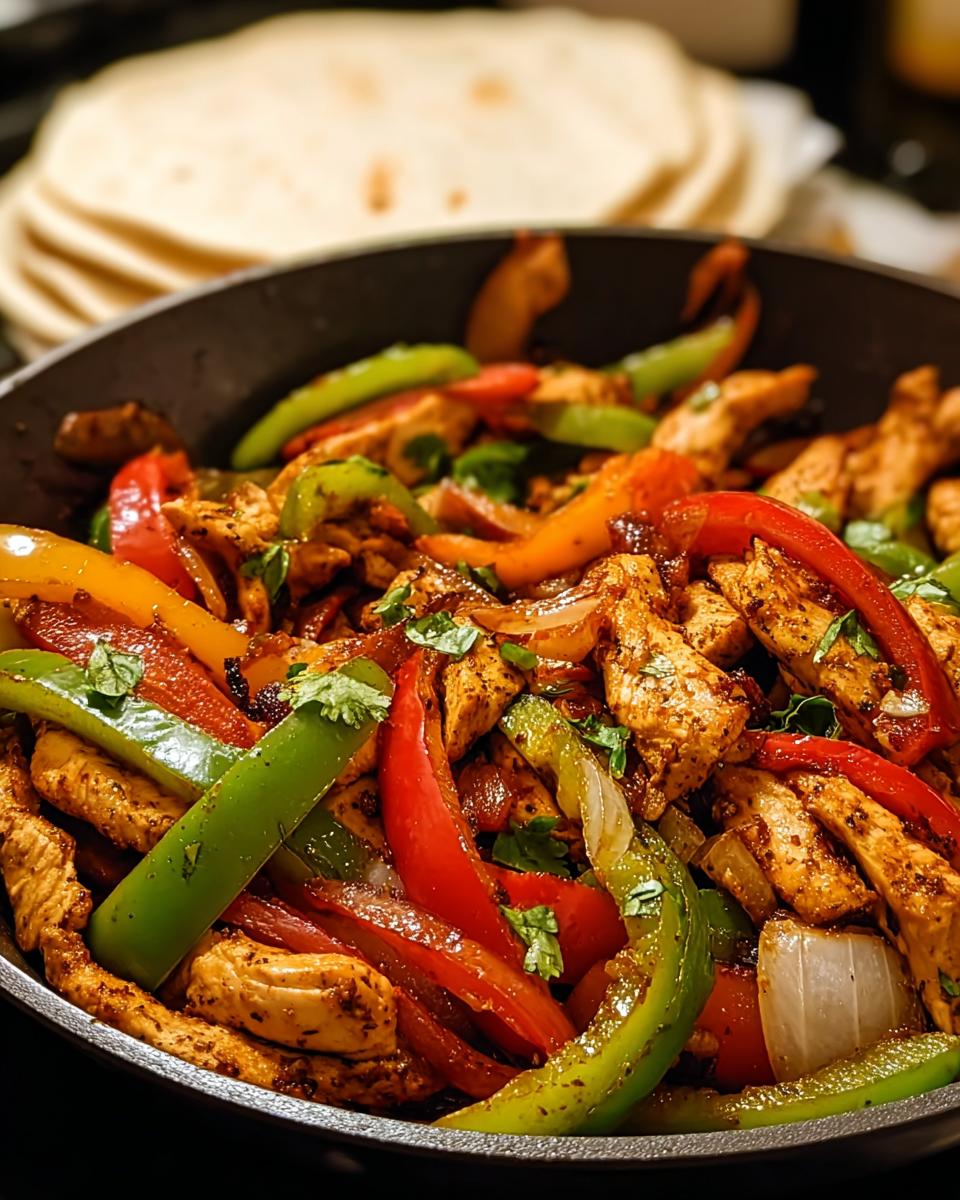 Nahaufnahme einer gusseisernen Pfanne gefüllt mit saftigem Hähnchen-Fajita-Pfanne mit Paprika & Zwiebeln.