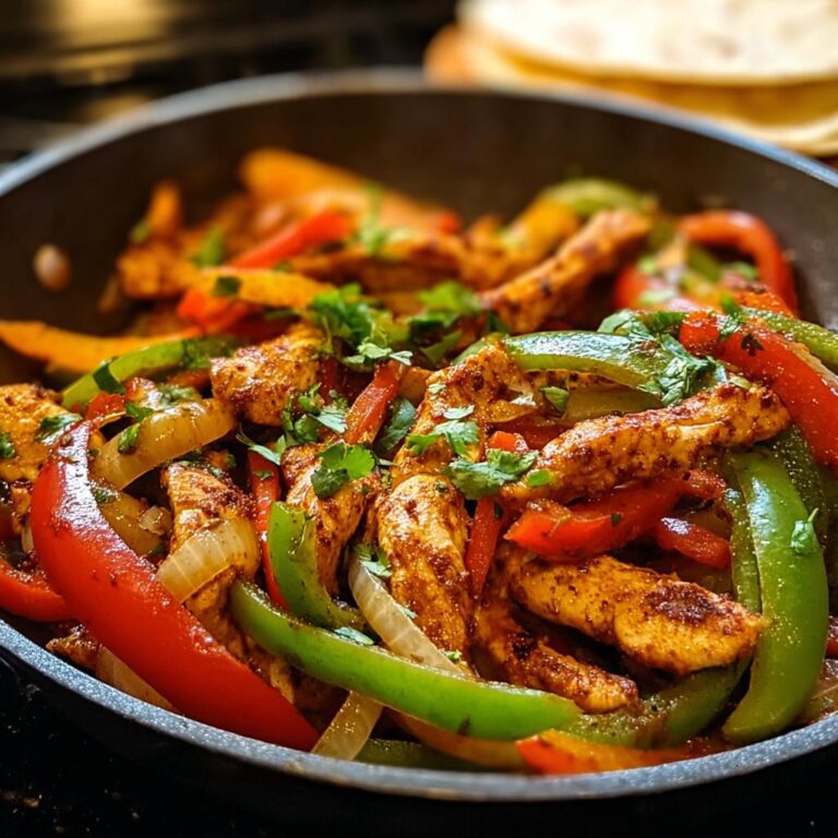Nahaufnahme einer Pfanne gefüllt mit saftigen Streifen Hähnchen-Fajita-Pfanne mit Paprika & Zwiebeln und frischer Petersilie.