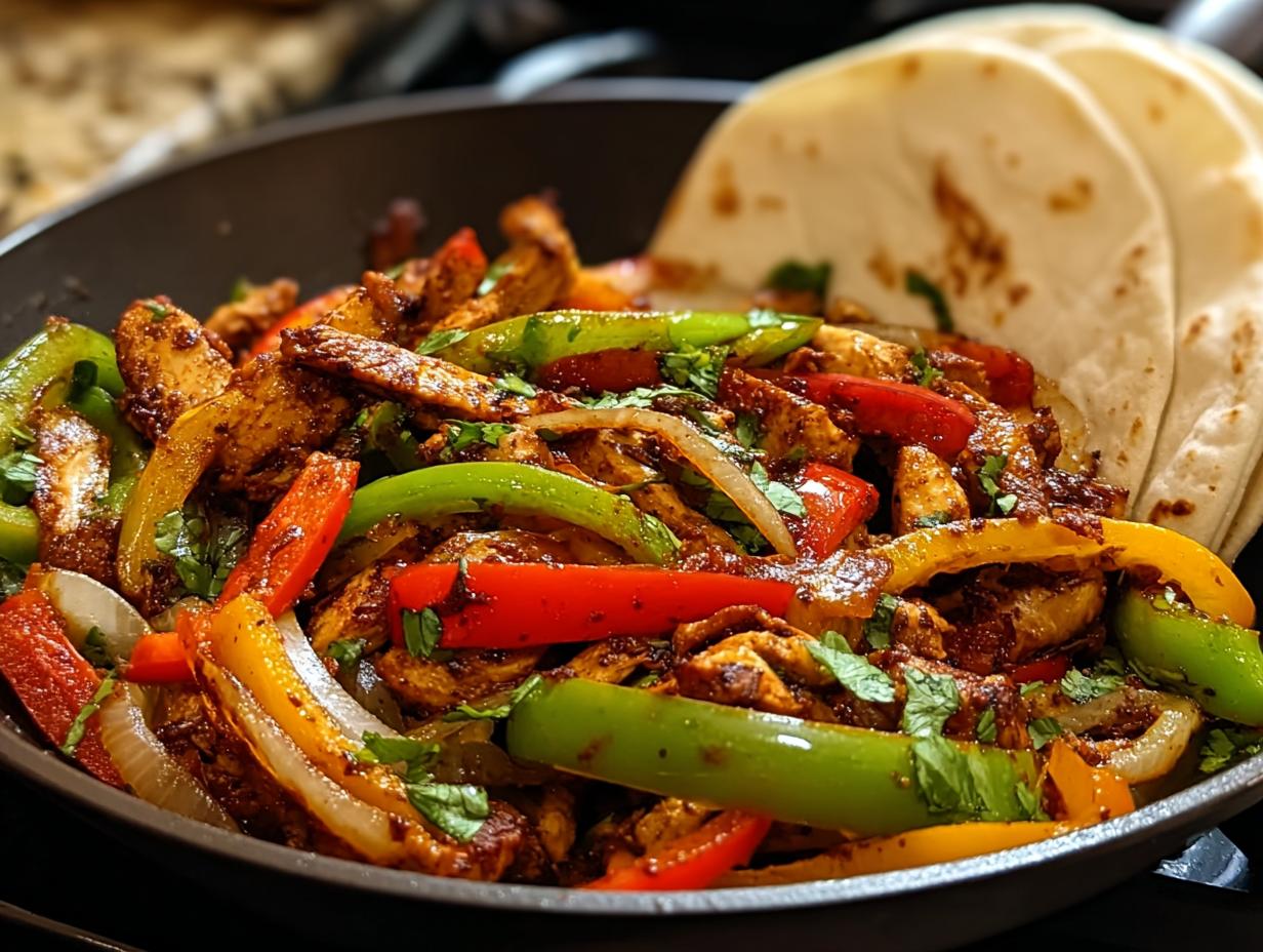 Nahaufnahme einer Hähnchen-Fajita-Pfanne mit gebratenen Streifen von Hähnchen, roten, grünen und gelben Paprika und Zwiebeln, serviert mit Tortillas.