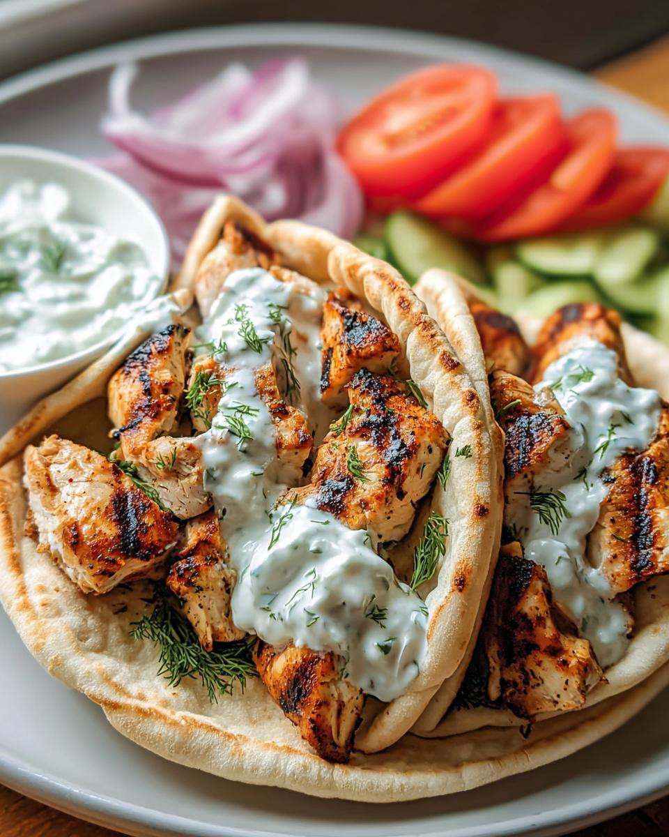 Zwei Hälften Hähnchen-Gyros mit gegrilltem Hähnchen, Tzatziki und frischem Dill auf Fladenbrot.