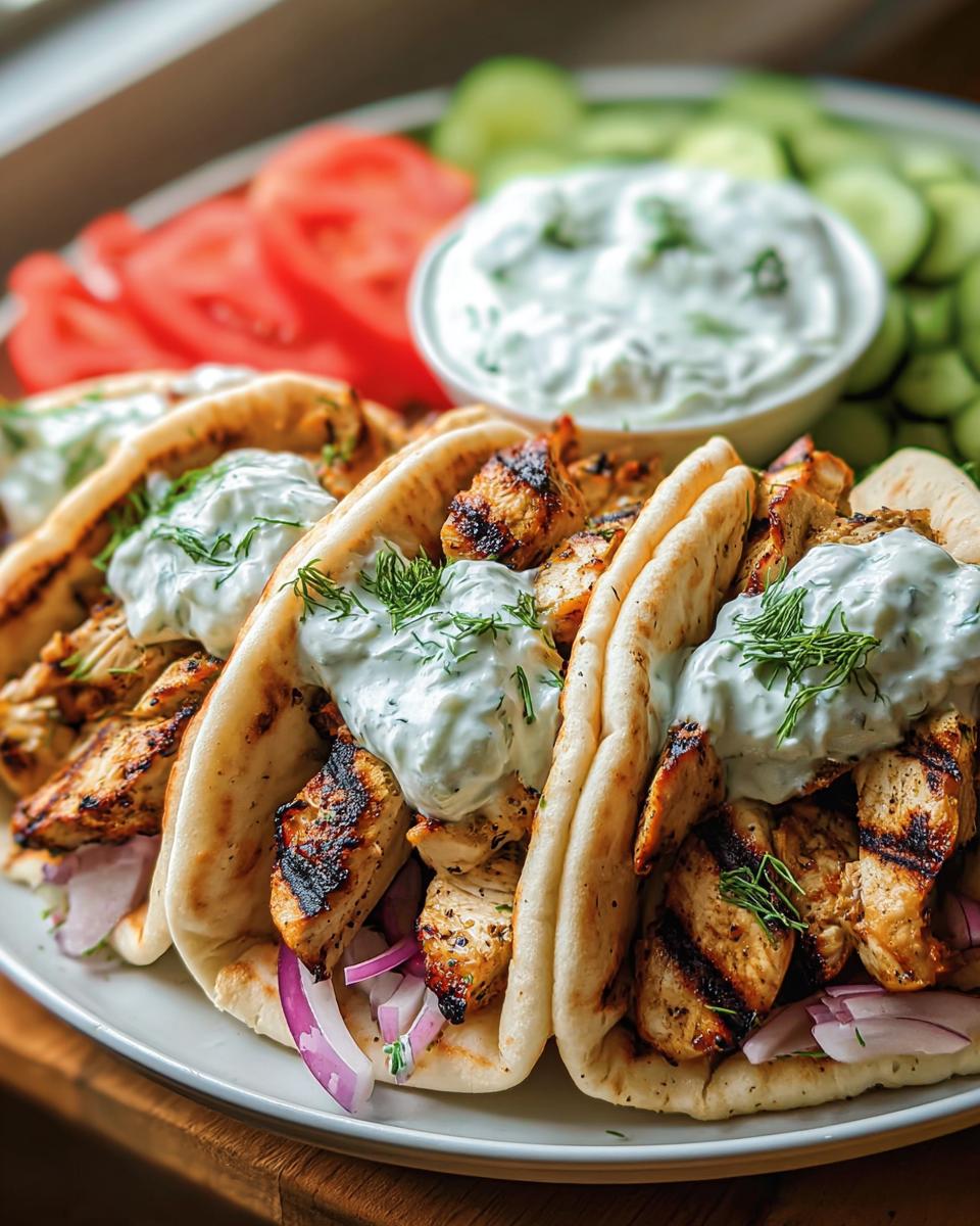 Drei gefüllte Fladenbrote mit gegrilltem Hähnchen-Gyros, roter Zwiebel und viel Tzatziki.