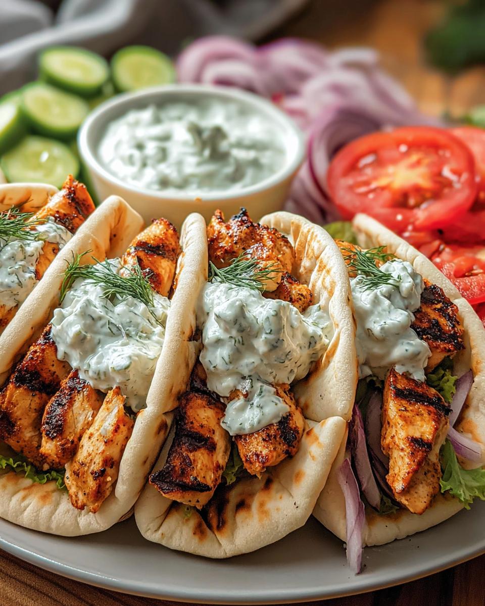 Drei gefüllte Fladenbrote mit gegrilltem Hähnchen-Gyros, Tzatziki und frischen Kräutern.