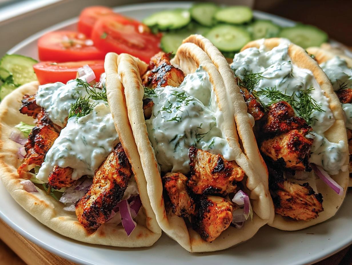 Drei gefüllte Fladenbrote mit gegrilltem Hähnchen-Gyros, roter Zwiebel und reichlich Tzatziki.