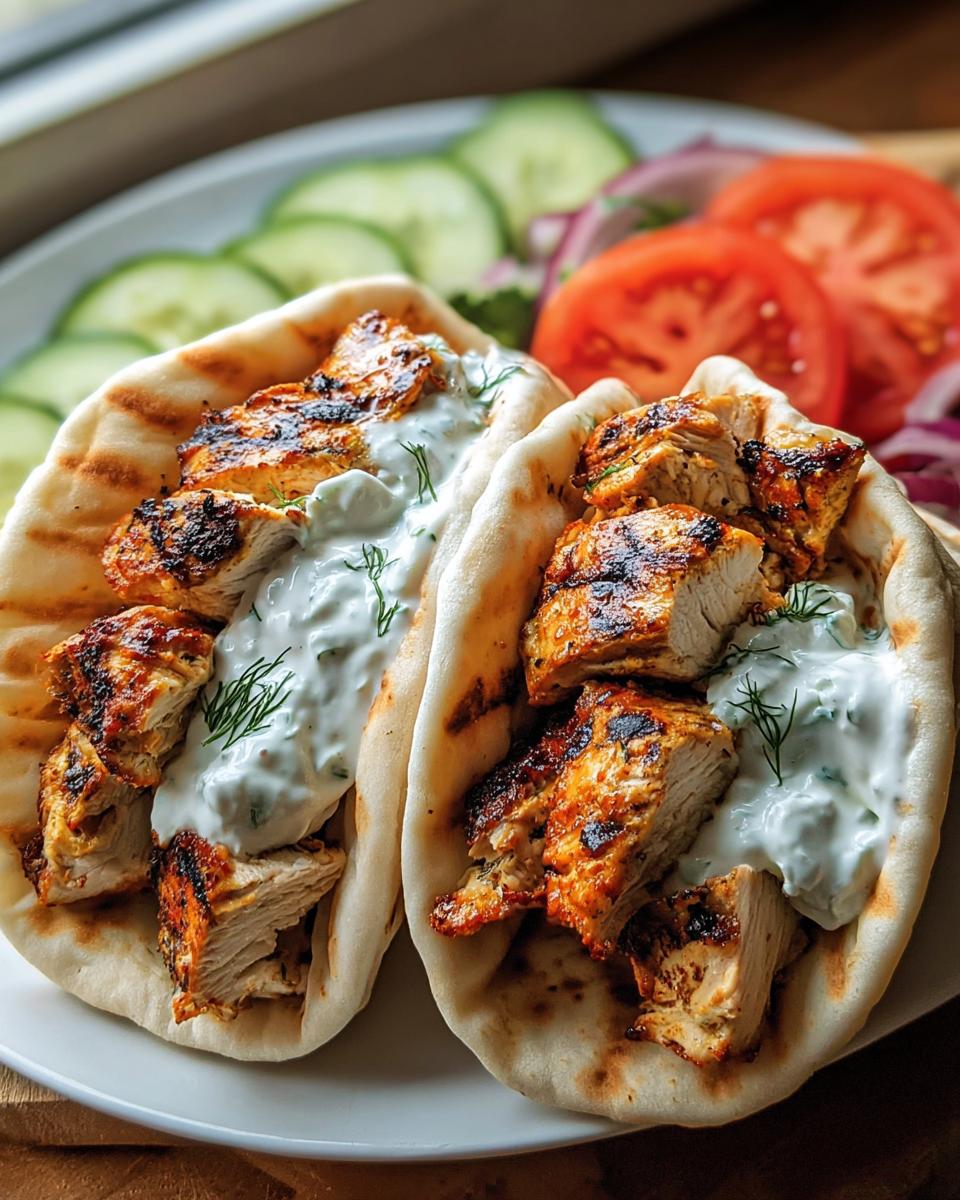 Zwei gefüllte Fladenbrote mit gegrilltem Hähnchen-Gyros und cremigem Tzatziki, serviert mit frischem Gemüse.