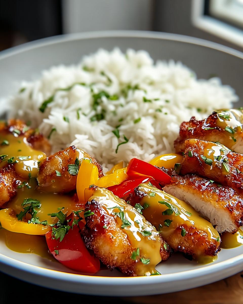 Gebratenes Hähnchen in Honig-Senf-Sauce mit Paprika und weißem Reis, das Gericht Hähnchen in Honig-Senf-Sauce mit Reis.