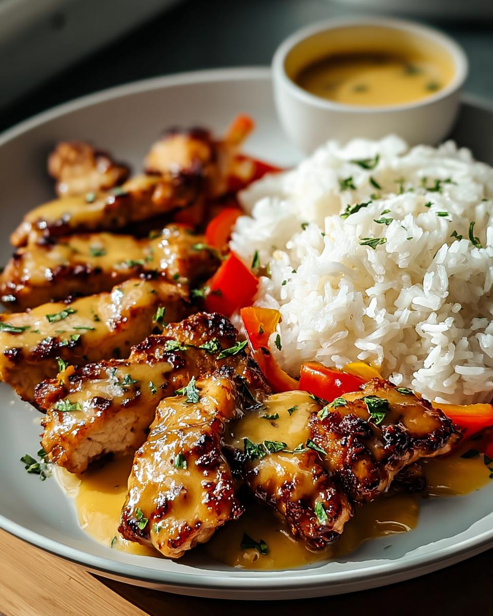 Gegrillte Stücke Hähnchen in Honig-Senf-Sauce mit Reis und Paprika. Perfektes Hähnchen in Honig-Senf-Sauce mit Reis.