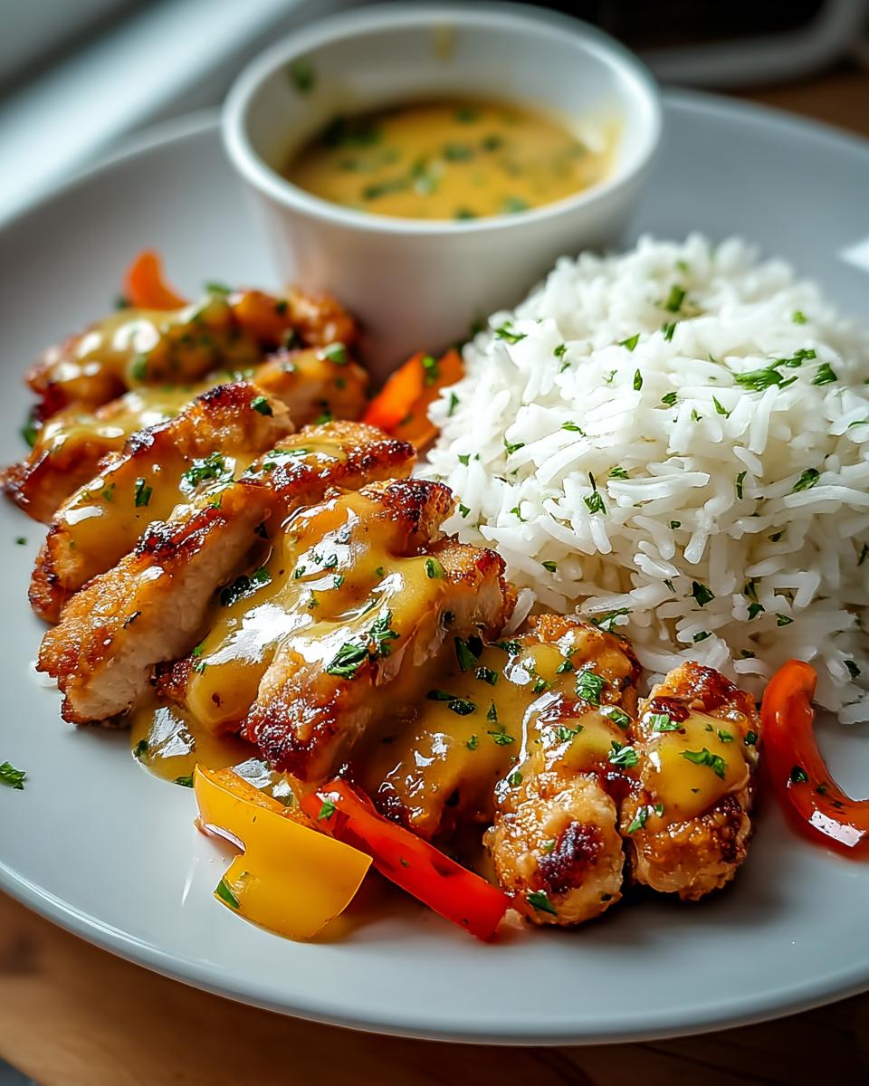 Geschnittenes Hähnchen in Honig-Senf-Sauce mit Reis und Paprikastreifen auf einem weißen Teller.