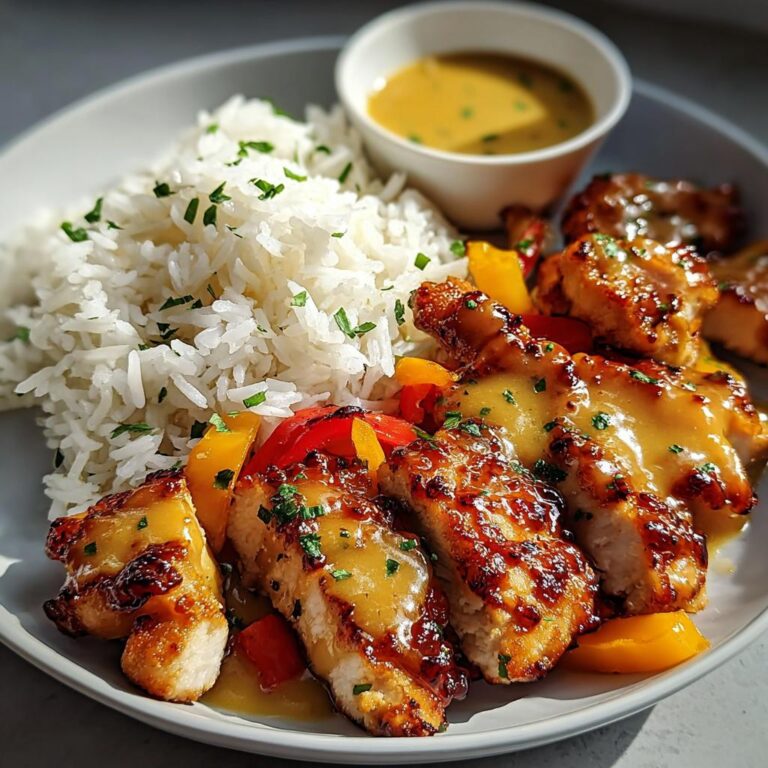 Gebratenes Hähnchen in Honig-Senf-Sauce mit Reis und Paprika auf einem Teller.