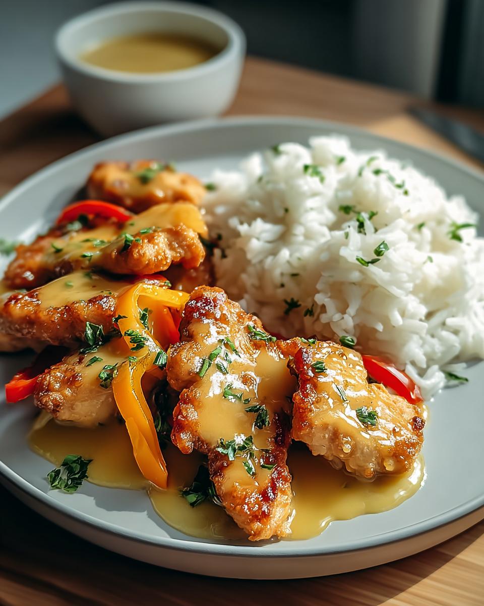 Gebratenes Hähnchen in Honig-Senf-Sauce mit Paprika und weißem Reis auf einem Teller.
