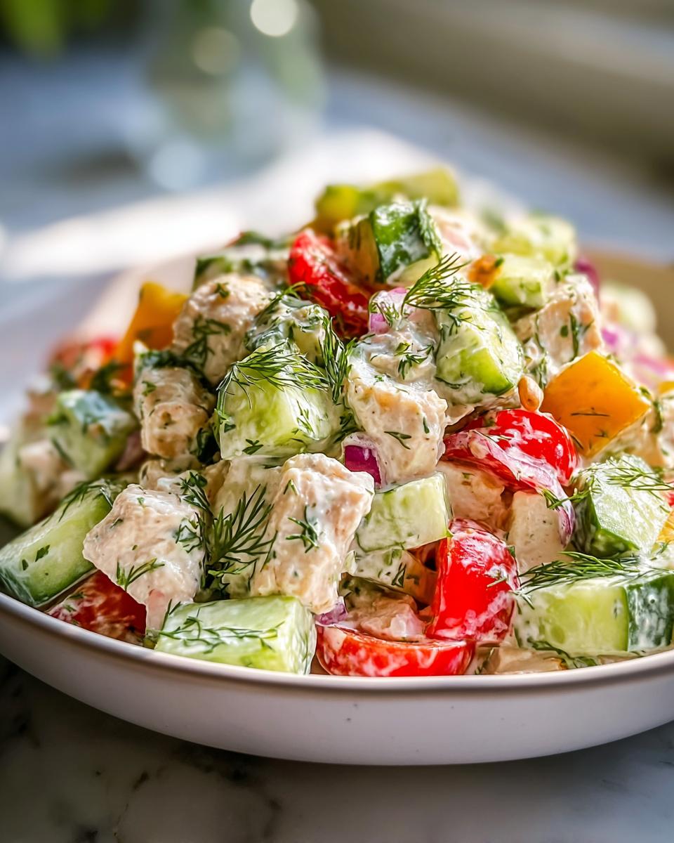 Nahaufnahme eines cremigen Gurkensalats mit Hähnchenstücken, Tomaten und frischem Dill, ideal zum Hähnchen-Schnitzel mit Gurkensalat.