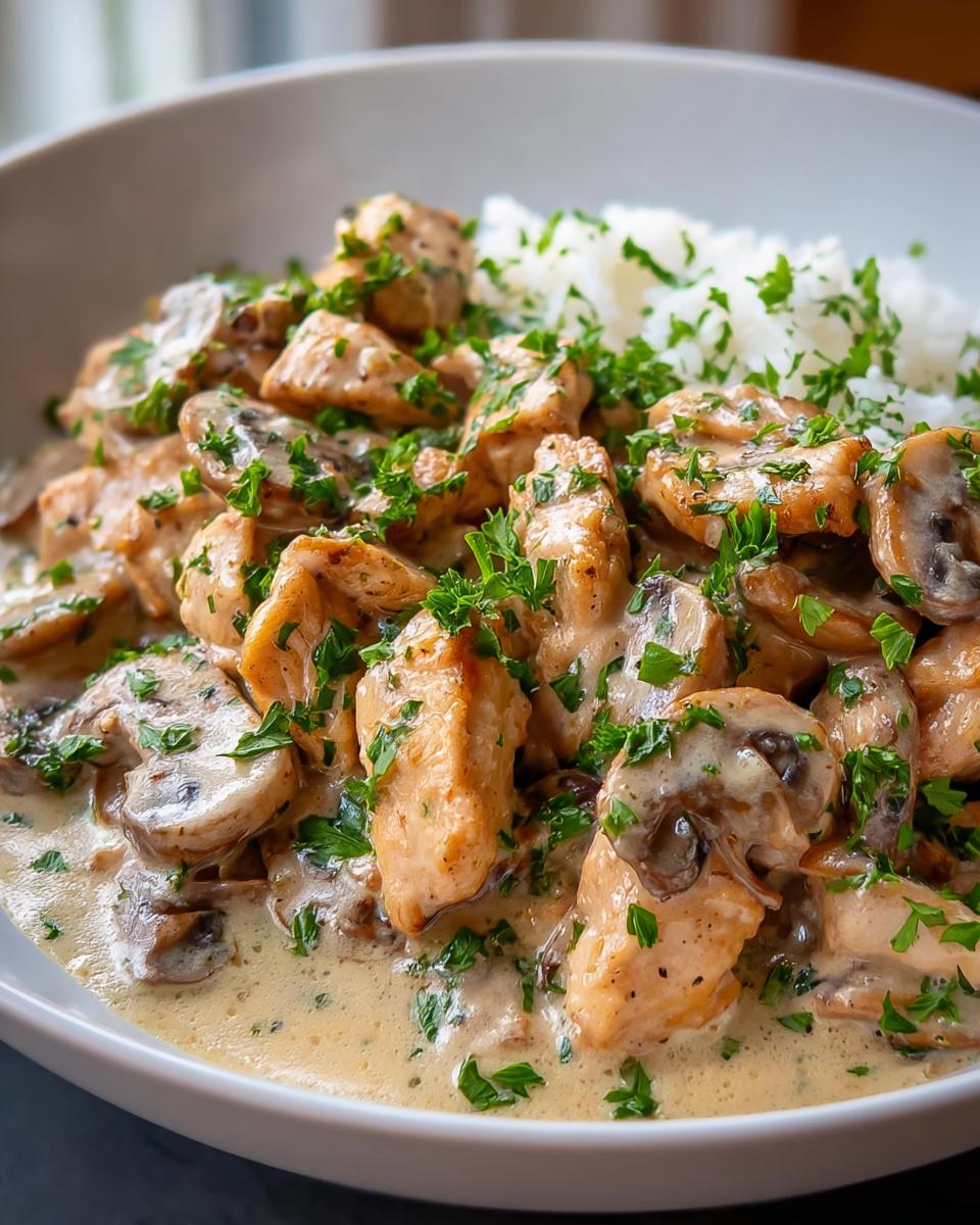 Nahaufnahme von Hähnchen Stroganoff mit Champignons in cremiger Soße und Reis, garniert mit Petersilie.