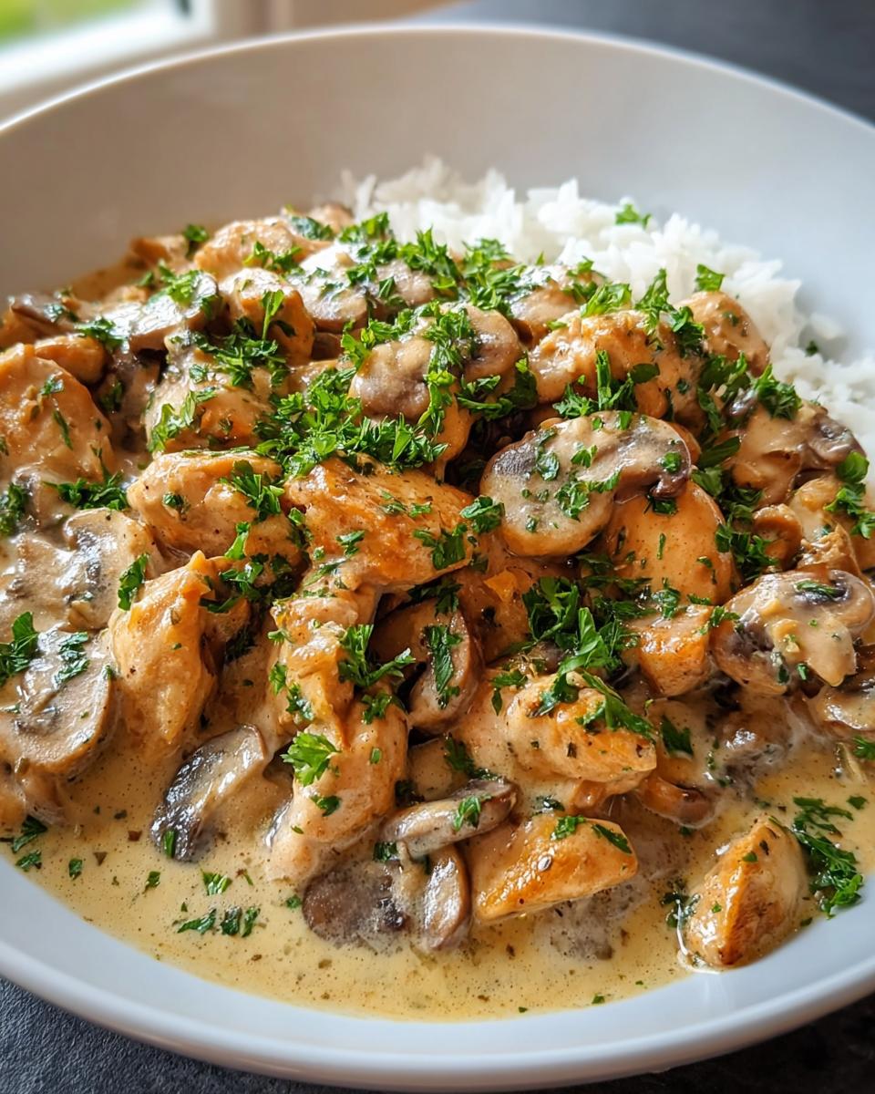 Nahaufnahme von Hähnchen Stroganoff mit Champignons in cremiger Soße, garniert mit Petersilie, serviert mit Reis.