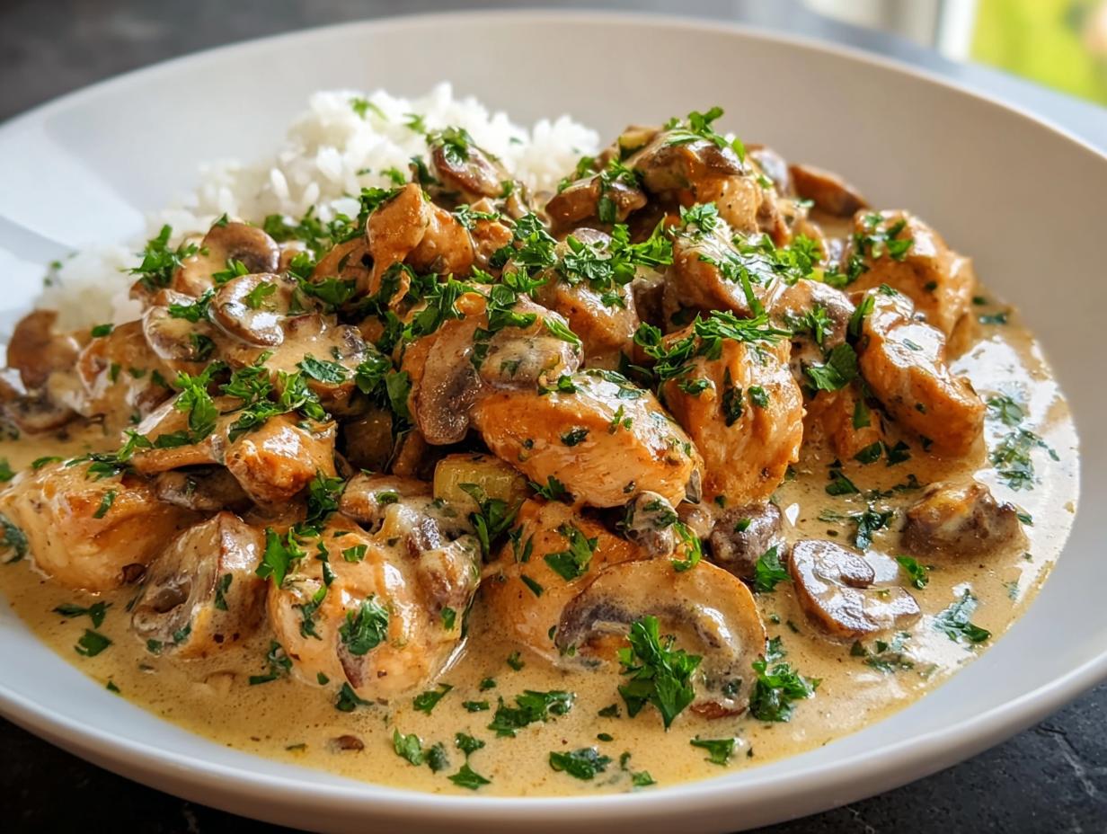 Teller mit cremigem Hähnchen Stroganoff mit Champignons und Reis, garniert mit Petersilie.