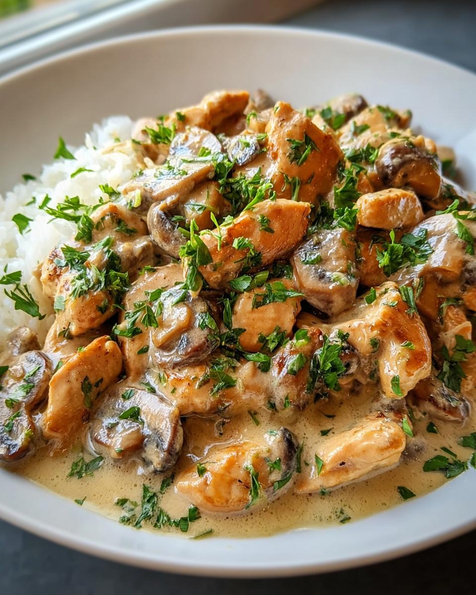 Nahaufnahme von Hähnchen Stroganoff mit Champignons in cremiger Soße, serviert mit Reis und Petersilie.
