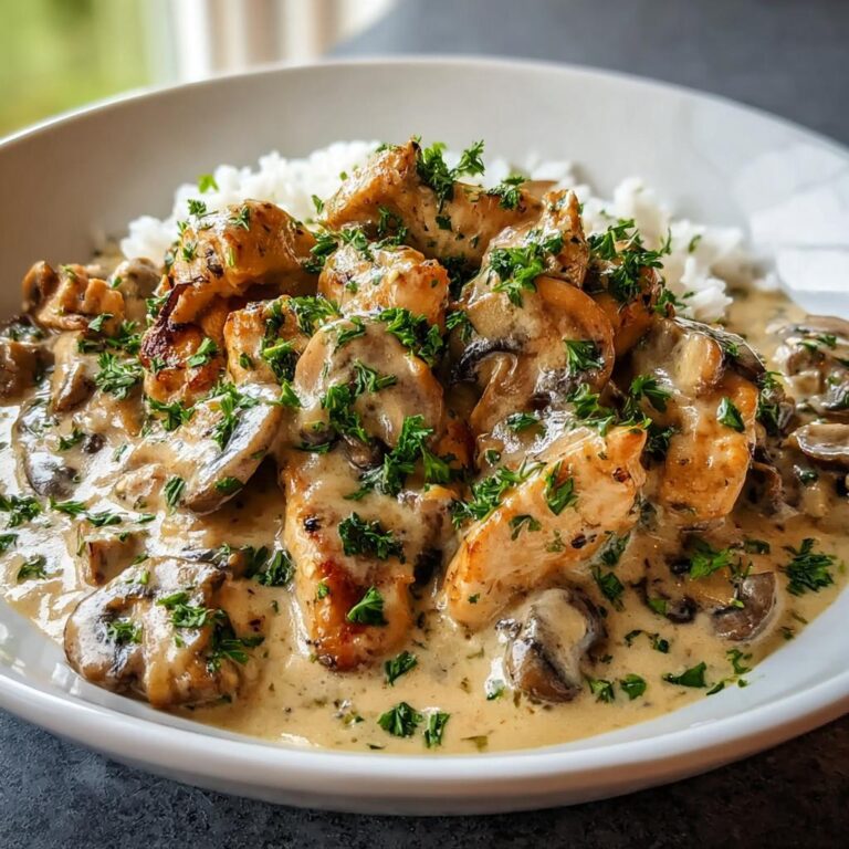 Nahaufnahme von Hähnchen Stroganoff mit Champignons in cremiger Soße, serviert auf Reis und garniert mit Petersilie.
