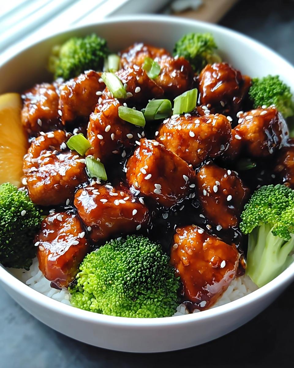 Nahaufnahme von Hähnchen Teriyaki mit Brokkoli & Sesam über Reis in einer weißen Schüssel.