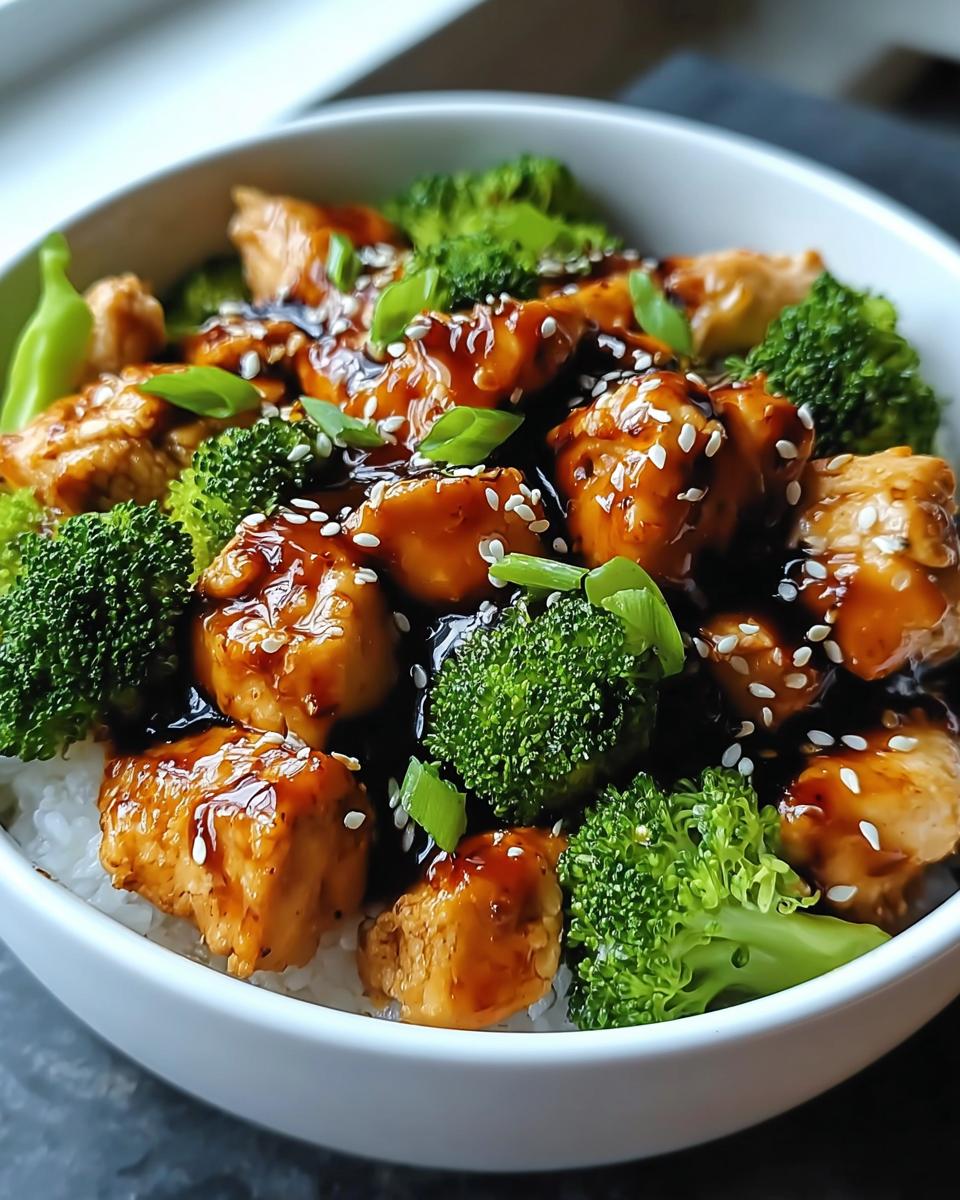 Nahaufnahme von Hähnchen Teriyaki mit Brokkoli und Sesam über Reis in einer weißen Schüssel.