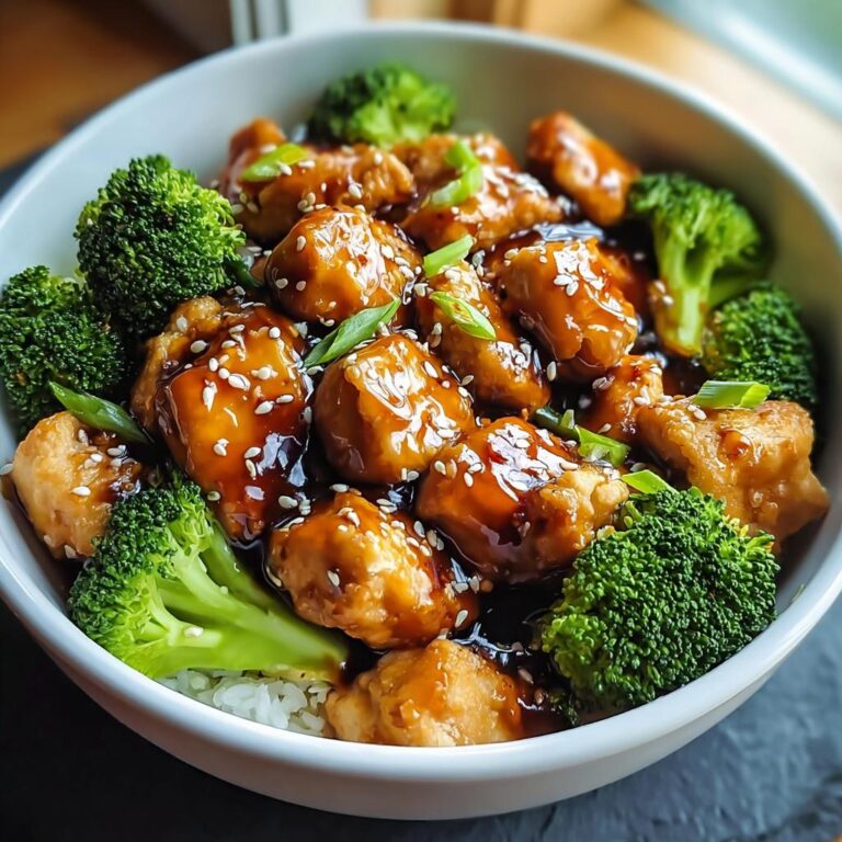 Nahaufnahme von Hähnchen Teriyaki mit Brokkoli & Sesam, bedeckt mit glänzender Teriyaki-Sauce und Sesam, serviert über Reis in einer weißen Schüssel.