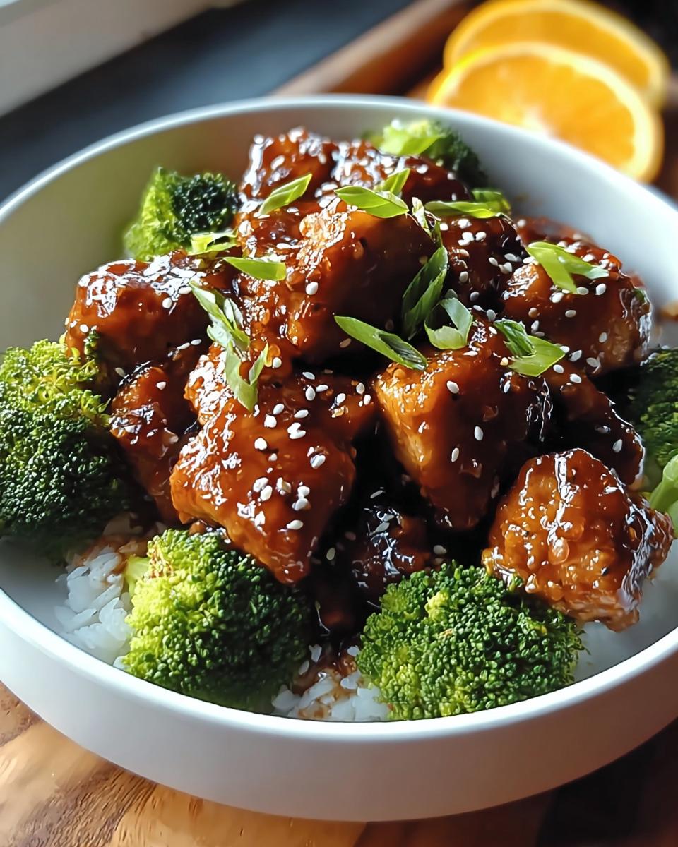 Nahaufnahme von Hähnchen Teriyaki mit Brokkoli und Sesam über Reis in einer weißen Schüssel.