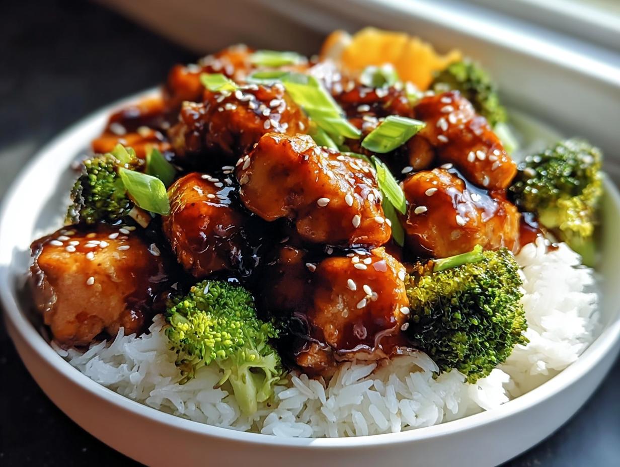 Nahaufnahme von Hähnchen Teriyaki mit Brokkoli und Sesam über weißem Reis in einer weißen Schüssel.