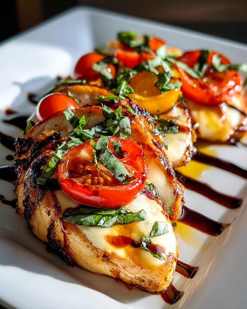 Fertiges Hähnchenbrust Caprese aus dem Ofen, belegt mit geschmolzenem Mozzarella, Kirschtomaten und Basilikum.