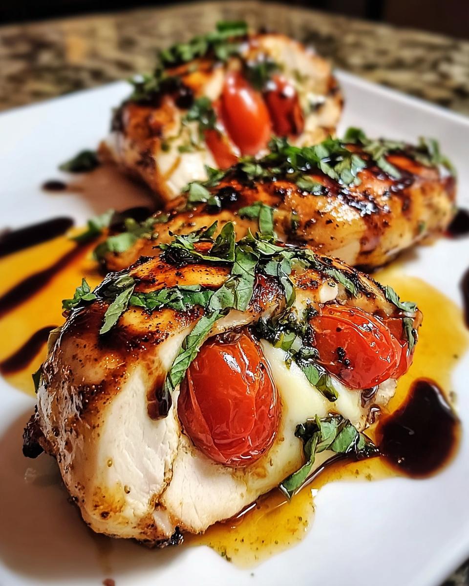 Drei Portionen Hähnchenbrust Caprese aus dem Ofen, gefüllt mit Mozzarella und Kirschtomaten, garniert mit Basilikum.