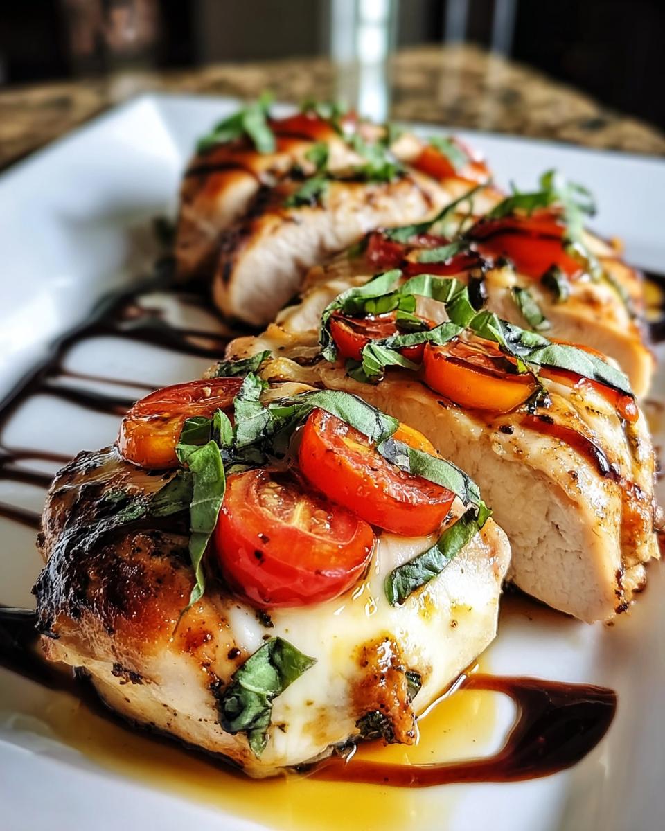 Aufgeschnittenes Hähnchenbrust Caprese aus dem Ofen mit geschmolzenem Mozzarella, Kirschtomaten und Basilikum auf einem weißen Teller.