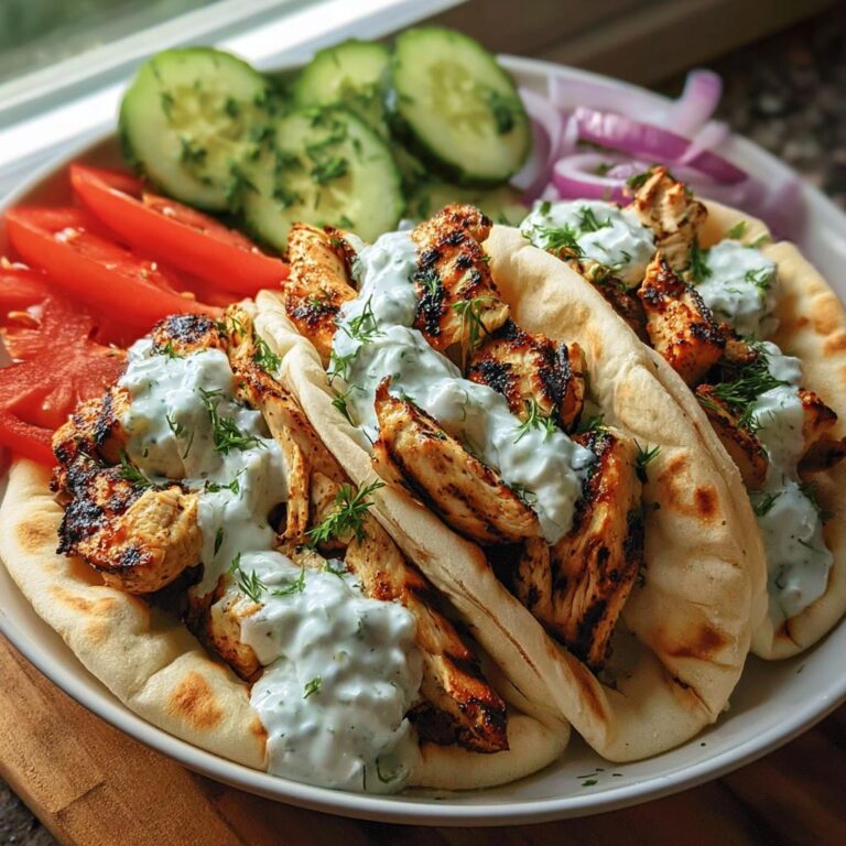 Zwei gefüllte Fladenbrote mit gegrilltem Hähnchen-Gyros, reichlich Tzatziki und frischen Beilagen.
