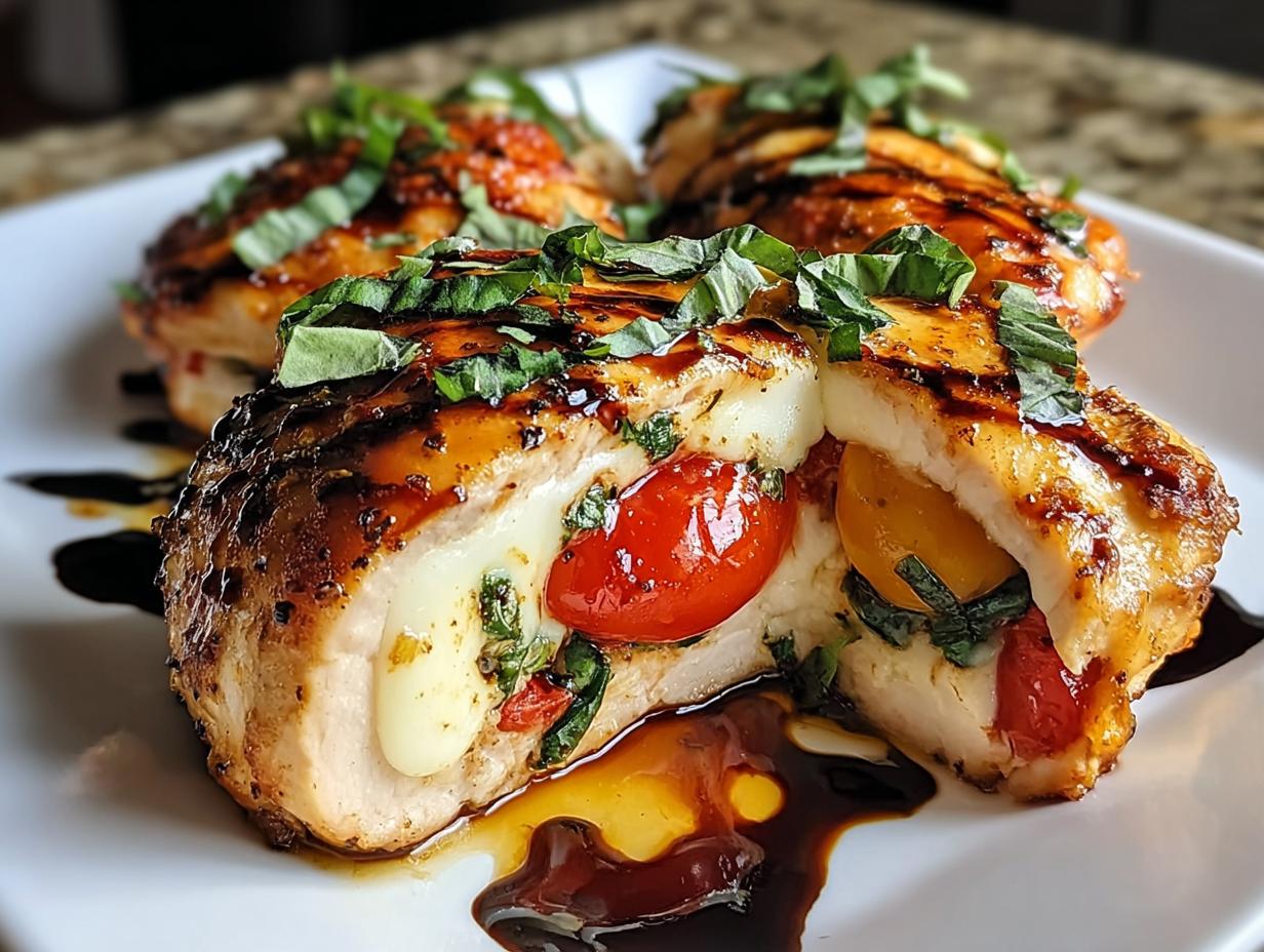 Aufgeschnittene Hähnchenbrust Caprese aus dem Ofen, gefüllt mit Mozzarella und Kirschtomaten.